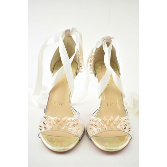 Christian Louboutin Barbarissima 100 Nude Gold PVC Lace Up Sandal Heel Pump 35.5 - Picture 8 of 12